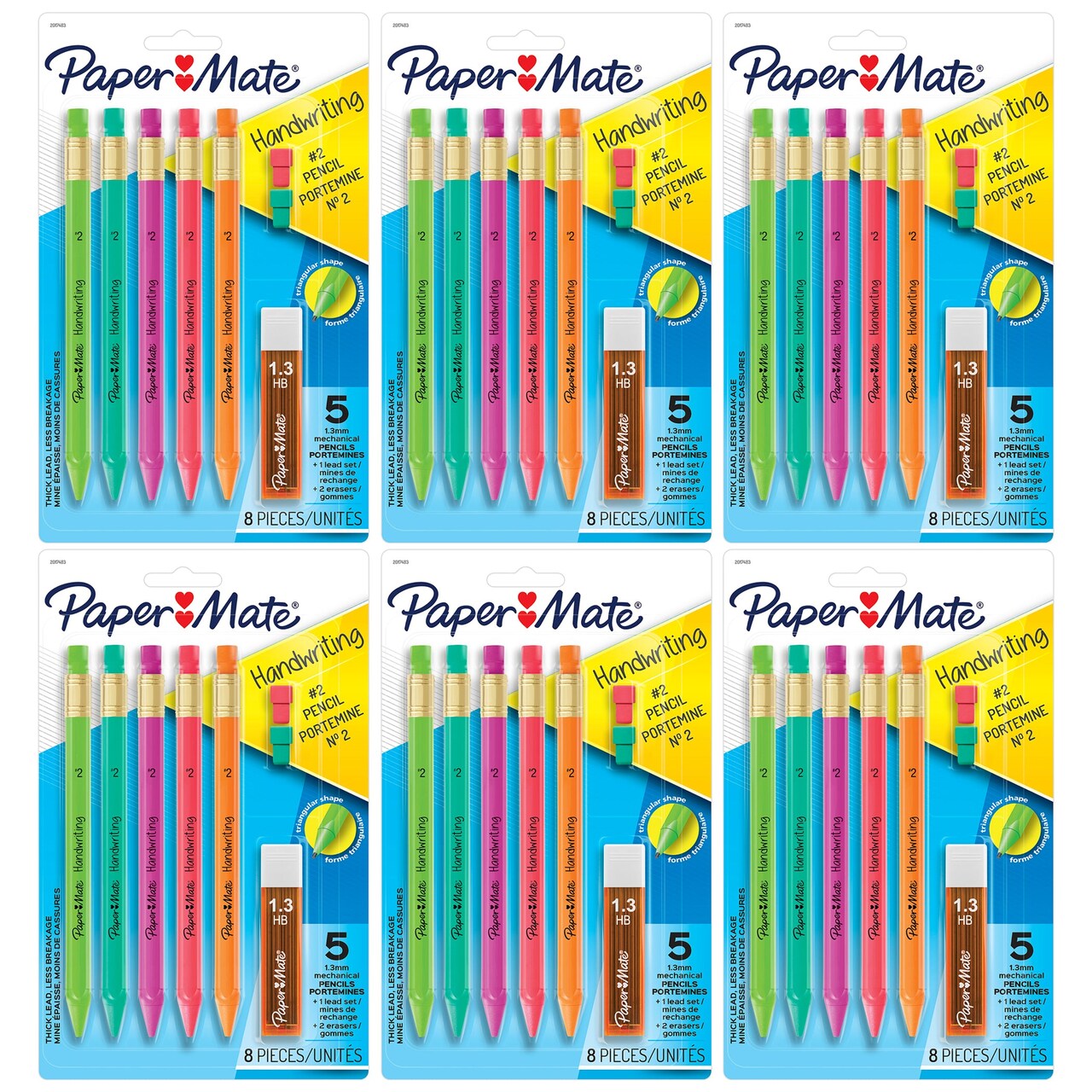 Handwriting Triangular Mechanical Pencil Set with Lead &#x26; Eraser Refills, 1.3mm, 5 Per Pack, 6 Packs